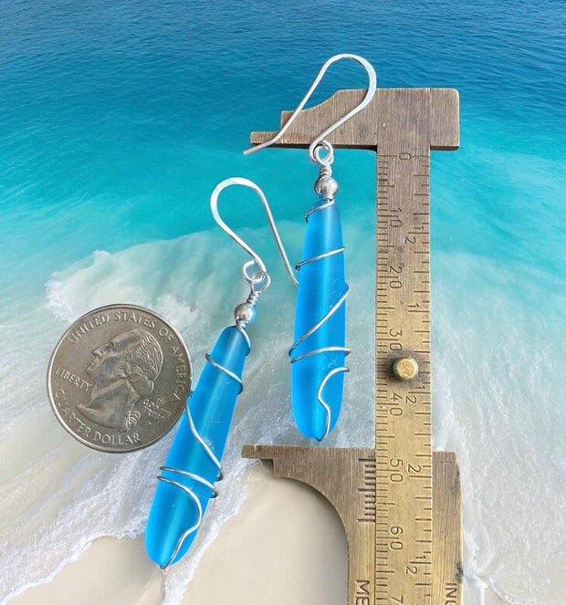 Pacific Blue Dangle Earring, Wire Wrap Blue Sea Glass in Sterling Silver, Sea Glass Beach Jewelry Summer Accessory, Ocean Theme Coastal Gift