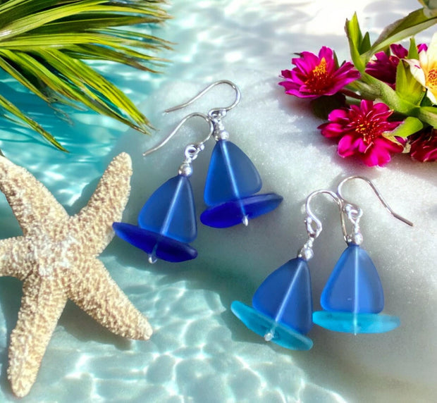 Light Sapphire Blue Sea Glass Earrings, STERLING SILVER Sailboat Sea Glass Earrings, Blue Sea Glass Earrings, Beach Weddings,, Sea glass