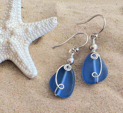 Sea Glass Earrings, Wire Wrapped Light Blue Sea Glass Earrings in STERLING SILVER, Beach Glass Jewelry, Sea glass Dangling Earrings,