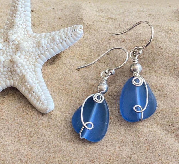 Sea Glass Earrings, Wire Wrapped Light Blue Sea Glass Earrings in STERLING SILVER, Beach Glass Jewelry, Sea glass Dangling Earrings,
