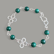 Clover Bracelet Malachite in Sterling Silver, Wire Wrapped Celtic Clover Bracelet,