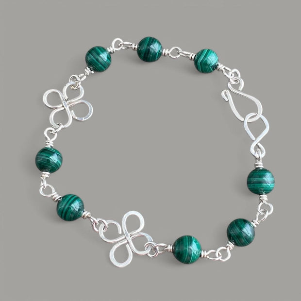Clover Bracelet Malachite in Sterling Silver, Wire Wrapped Celtic Clover Bracelet,