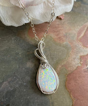 White Opal Necklace,STERLING Silver October Opal Birthstone Necklace,Wire Wrapped Lab Created White Opal Necklace,