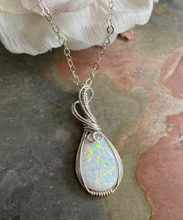 White Opal Necklace,STERLING Silver October Opal Birthstone Necklace,Wire Wrapped Lab Created White Opal Necklace,