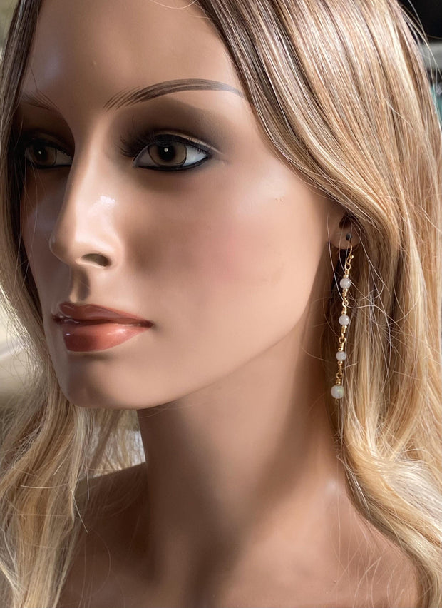 Moonstone Long Elegant Earrings in Gold, Wired Wrapped Opal Dangling Earrings, June Birthstone Earrings, October Birthstone Earrings
