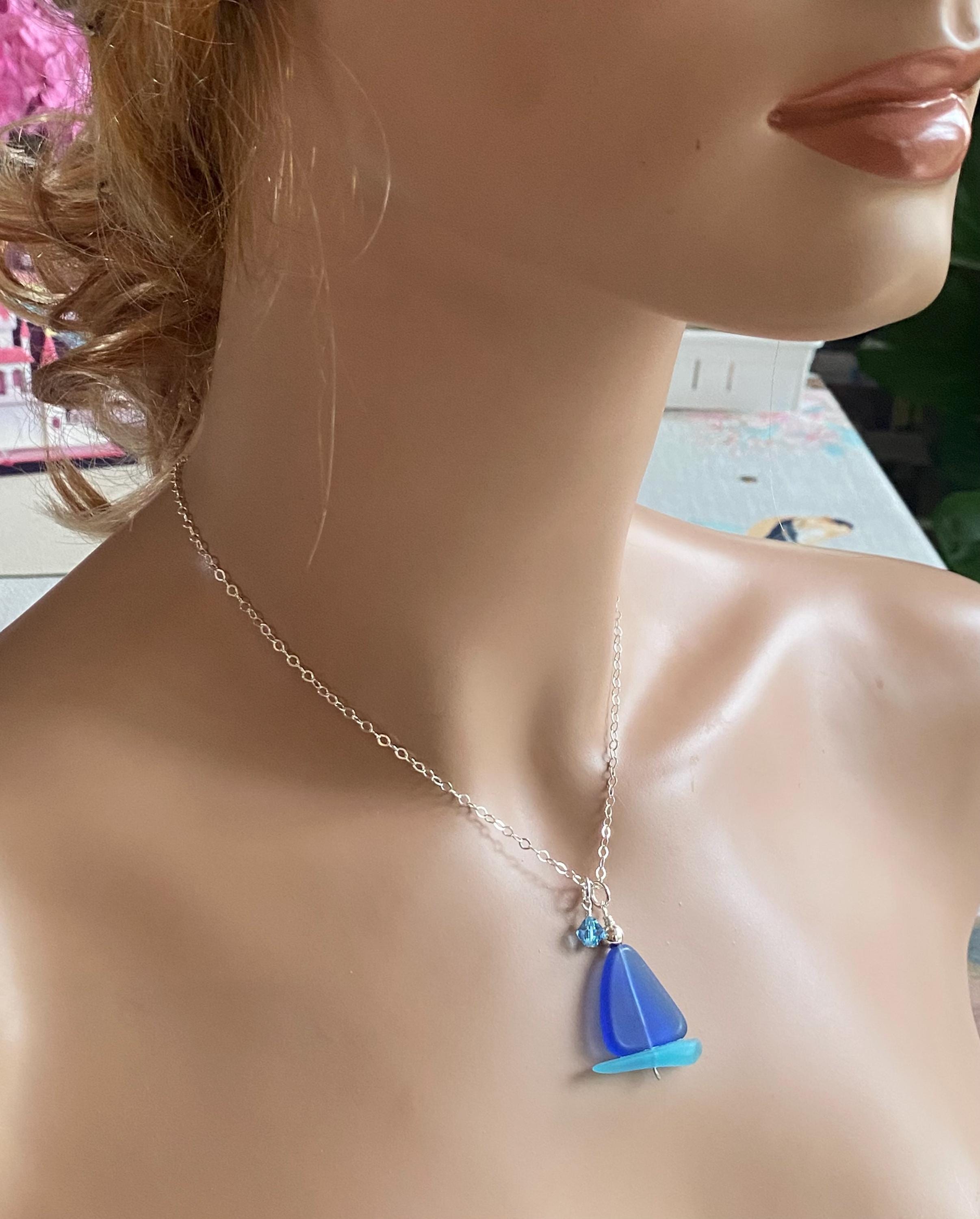 Handmade Sail Boat Blue Sea Glass Necklace in Sterling Silver, Blue Sea Glass Necklace, Beach-inspired blue sea glass Sail Boat Necklace