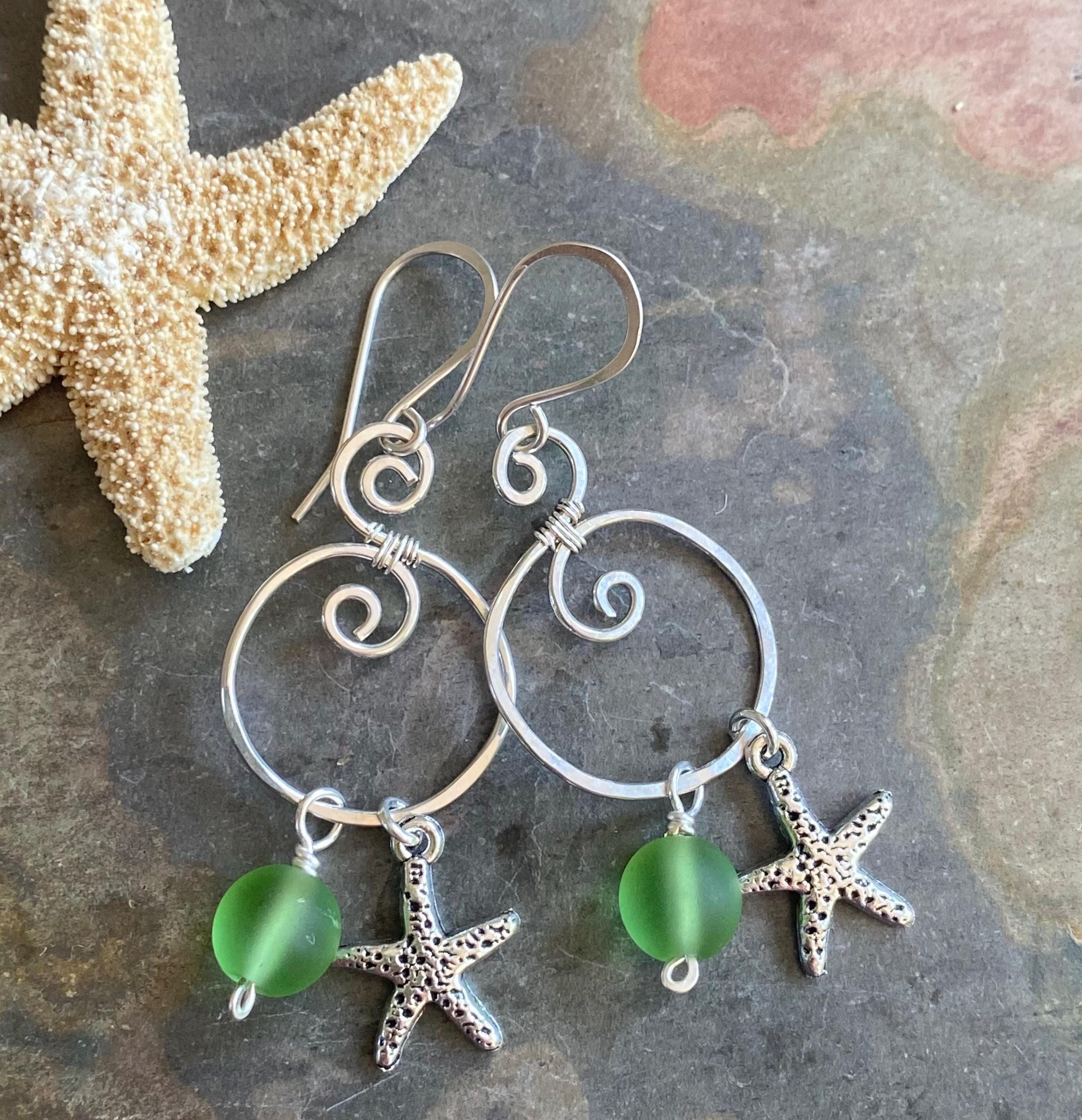 Spiral Sea Glass Earrings with Starfish Silver Charm, Spiral Dangle Earrings, Spiral Green Sea Glass Nautical Earrings, Ocean Theme Earrings