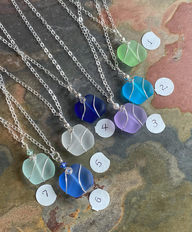 Wire Wrapped Sea Glass Necklace in Sterling Silver, Sea Glass Wavey design Blue, Green, Periwinkle Necklace, Ocean inspired Jewelry