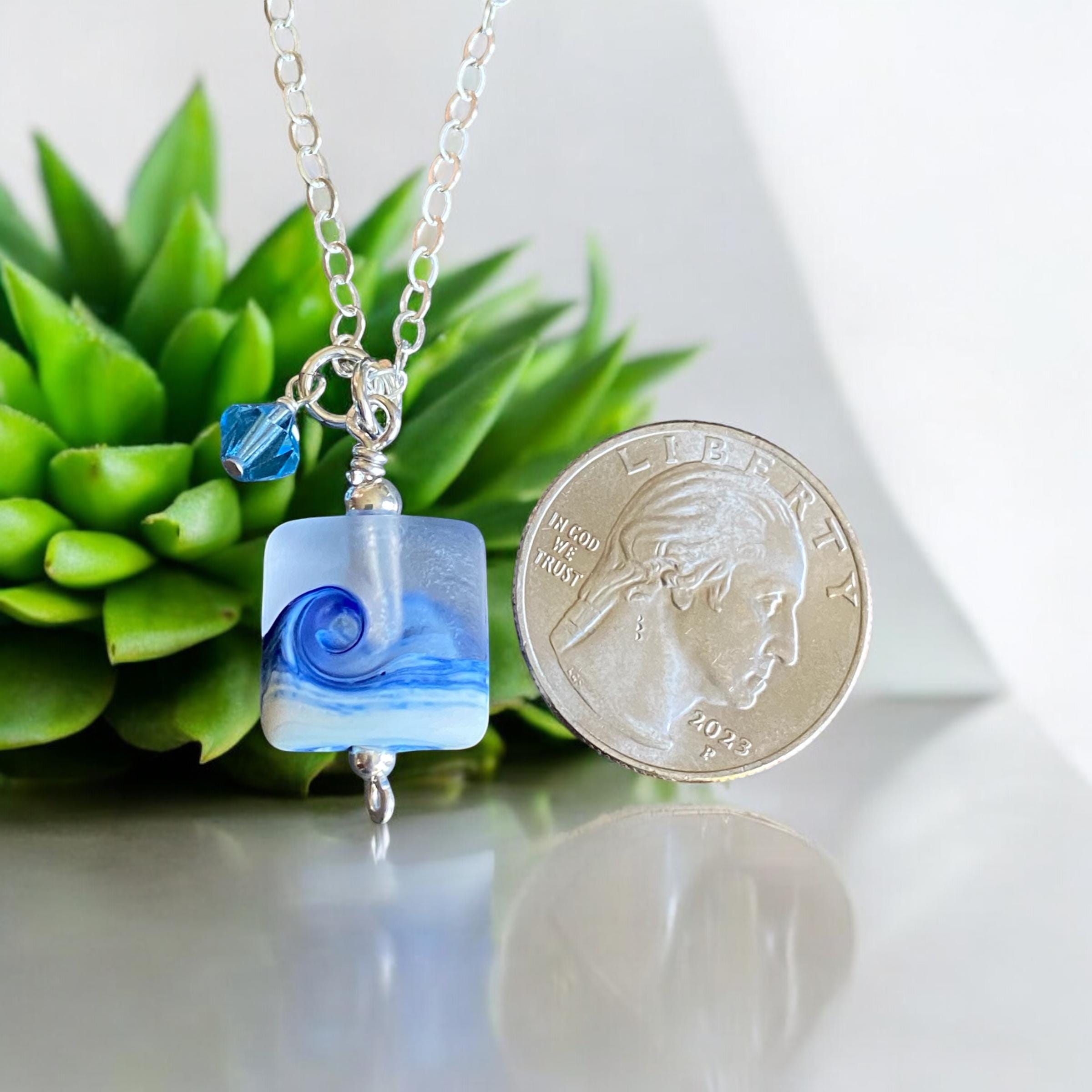 Ocean Beach Wave Necklace, Blue Beach Wave Necklace,Ocean Wave Lampwork Pendant, Beach Wave Jewelry, Blue Sea Glass Necklace sterling silver