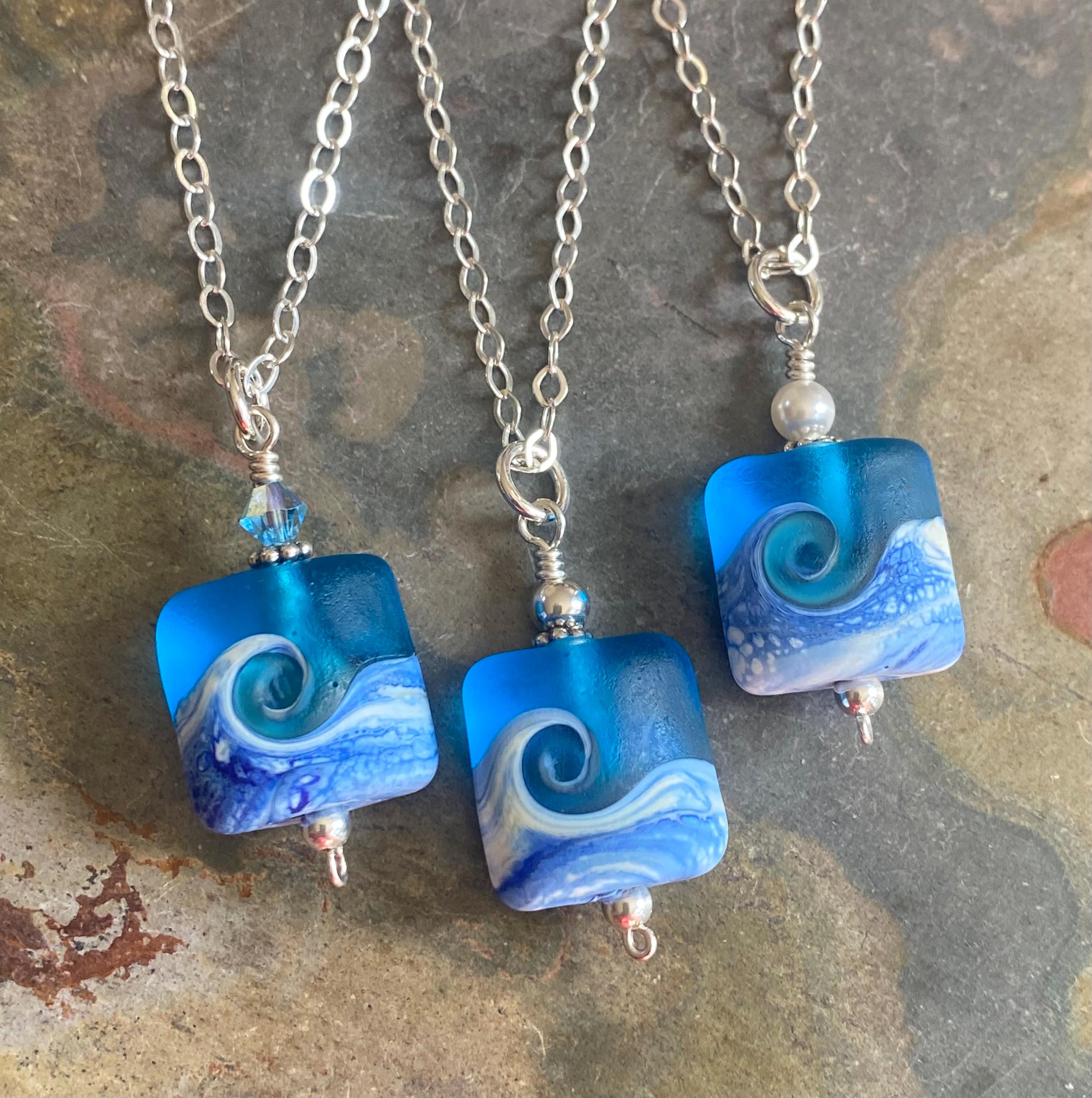 Ocean Beach Wave Necklace, Blue Beach Wave Necklace,Ocean Wave Lampwork Pendant, Beach Wave Jewelry, Blue Sea Glass Necklace sterling silver