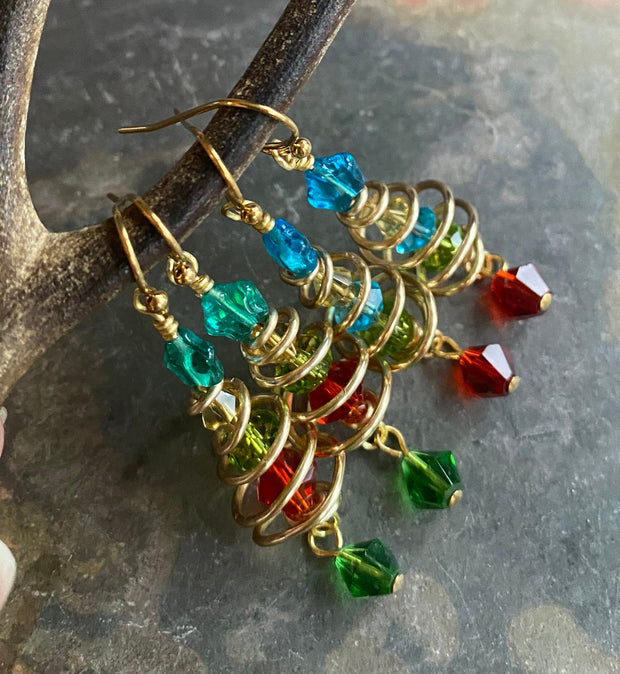 READY to  SHIP in 1 to 2  days, Christmas Tree Earrings, Wired Christmas Earrings, Swirled Christmas Tree dangling Earrings, Holiday jewelry