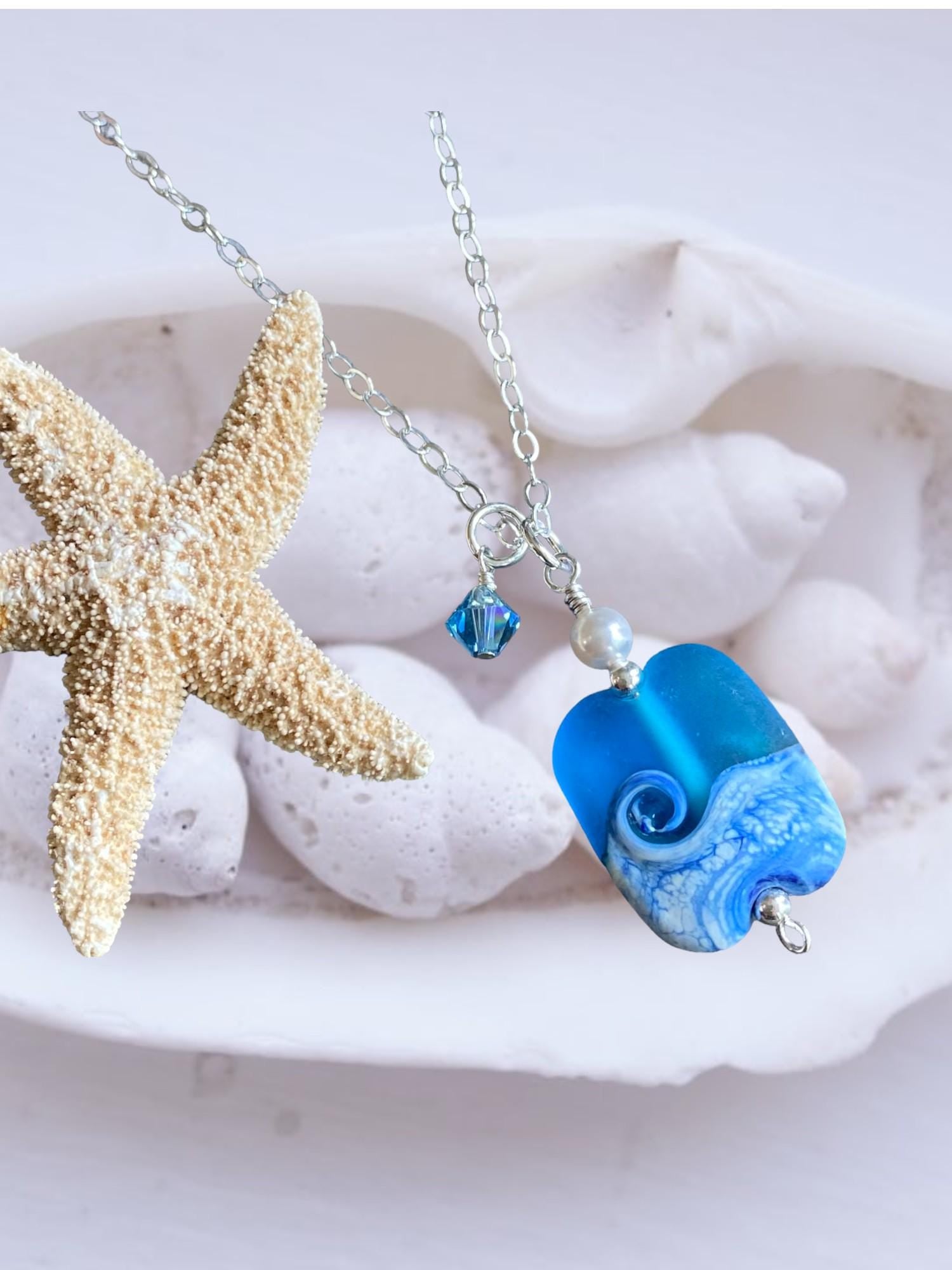 Wave Necklace, Lapmwork Ocean Wave Necklace, Blue Beach Wave Necklace, Beach Wave Jewelry, Blue Sea Glass Necklace sterling silver