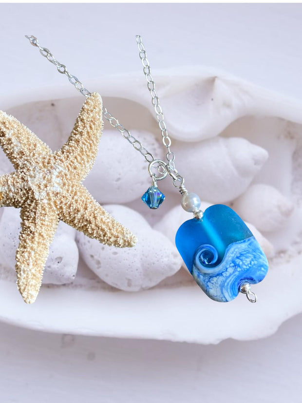 Wave Necklace, Lapmwork Ocean Wave Necklace, Blue Beach Wave Necklace, Beach Wave Jewelry, Blue Sea Glass Necklace sterling silver