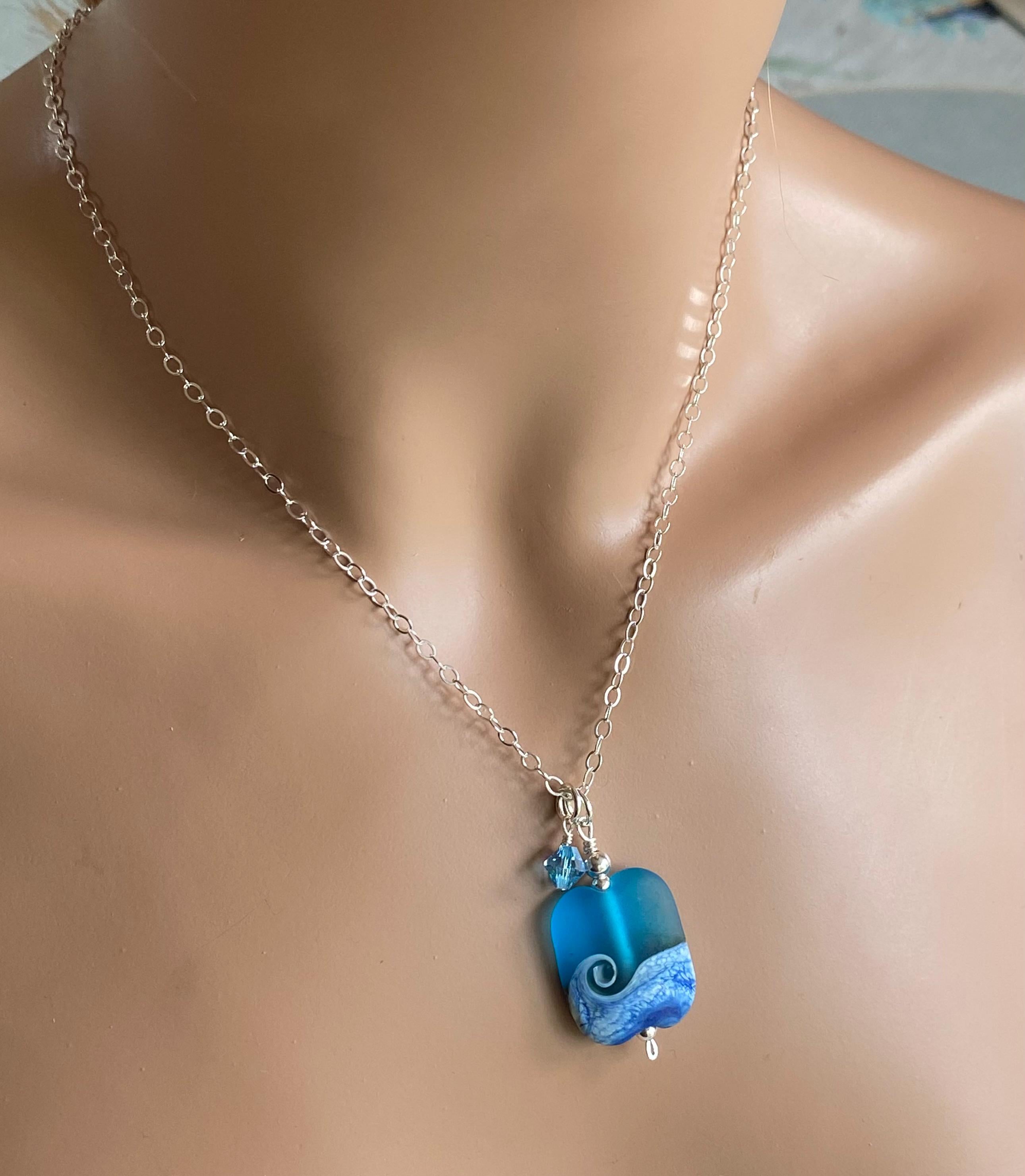 Sterling Silver Ocean Wave Necklace, Lampwork Glass Ocean Wave Necklace, Blue Beach Wave Necklace, Beach Wave Jewelry , Nautical Jewelry