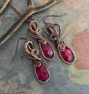 Ruby Copper Pendant Wire Wrapped Gemstone Necklace & Earrings Boho Style  Jewelry, Wire Design Natural Ruby Stone July Birthstone Gift Idea