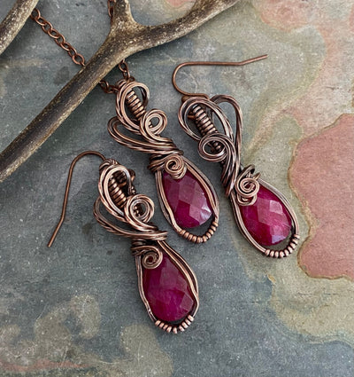 Ruby Copper Pendant Wire Wrapped Gemstone Necklace & Earrings Boho Style  Jewelry, Wire Design Natural Ruby Stone July Birthstone Gift Idea