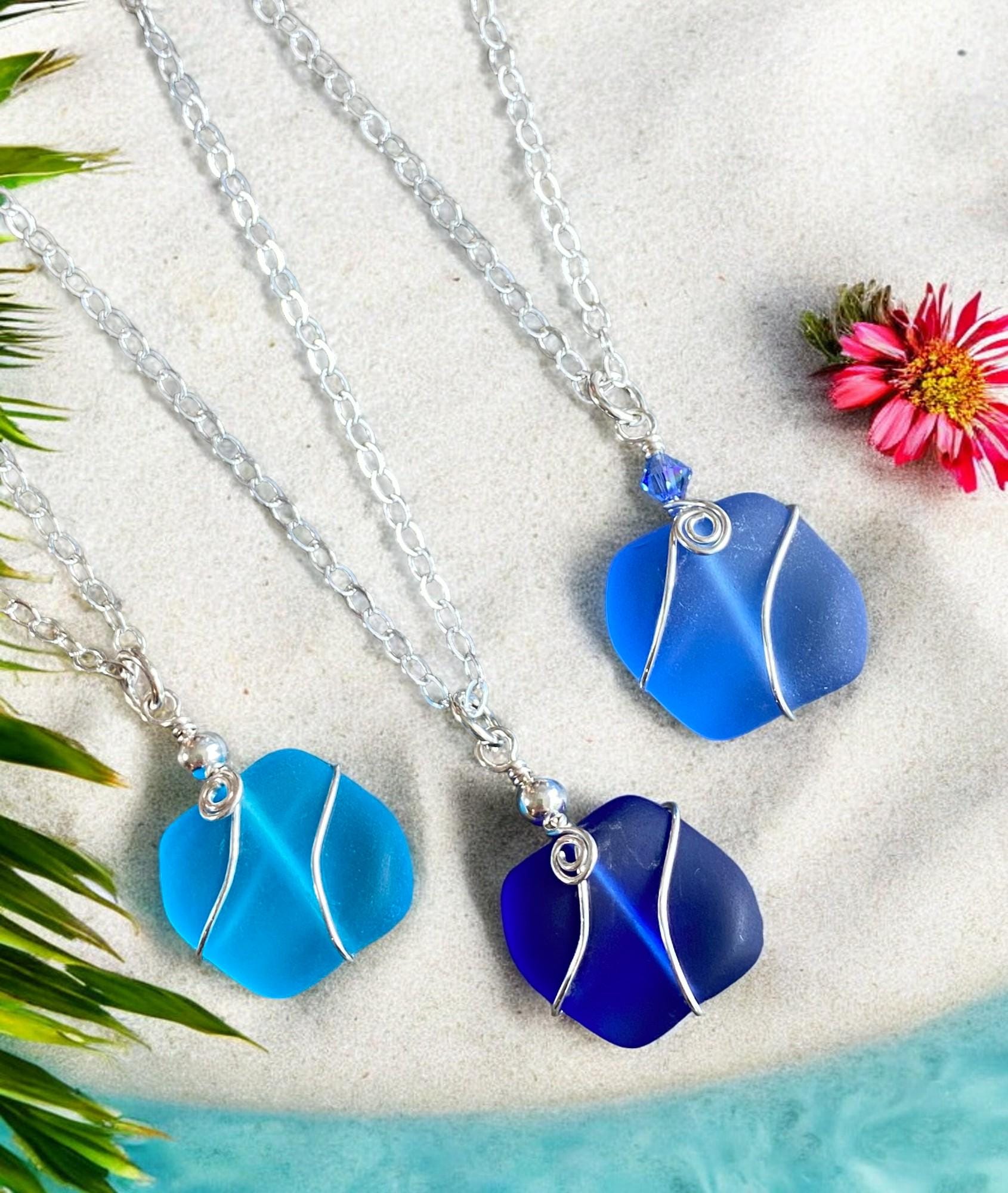 Sea Glass Pendant Necklace, Wire Wrapped Beach Glass Necklace, Sterling Silver Sea Glass, Blue, Green, Periwinkle & White Sea Glass Necklace
