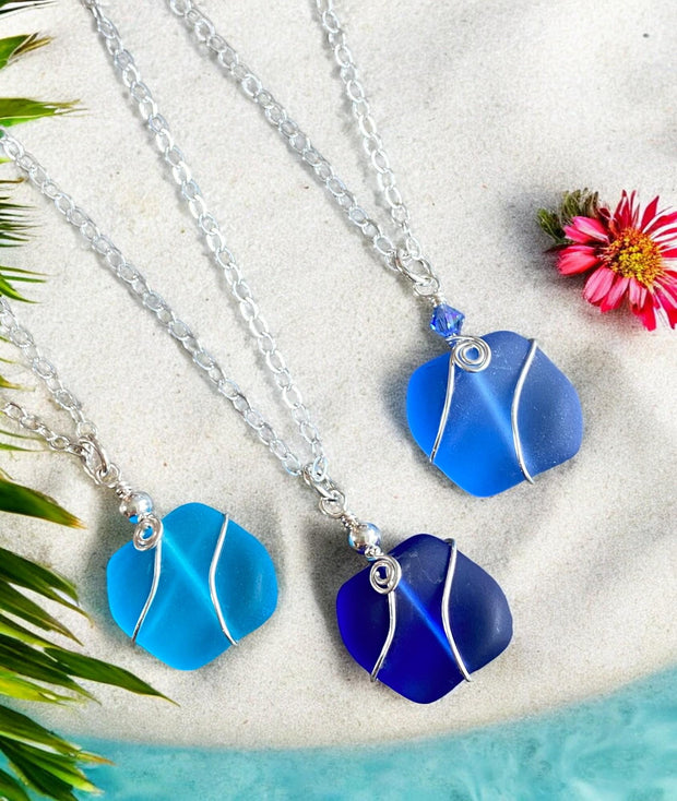 Sea Glass Pendant Necklace, Wire Wrapped Beach Glass Necklace, Sterling Silver Sea Glass, Blue, Green, Periwinkle & White Sea Glass Necklace