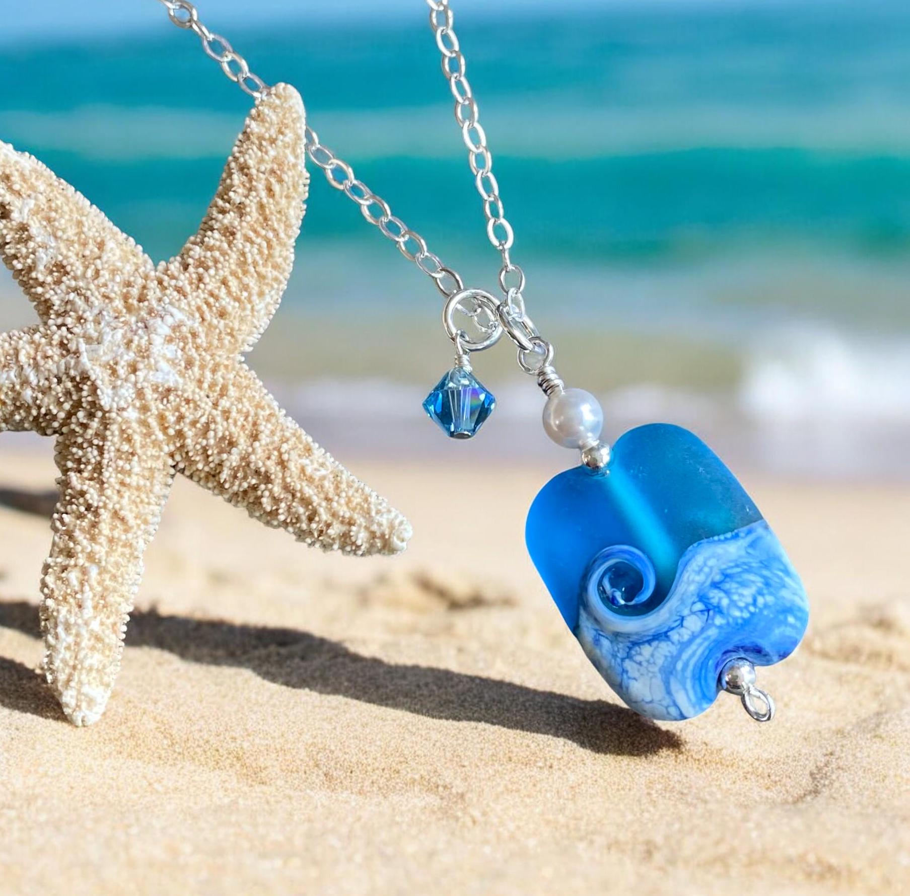 Sterling Silver Ocean Wave Necklace, Lampwork Glass Ocean Wave Necklace, Blue Beach Wave Necklace, Beach Wave Jewelry , Nautical Jewelry