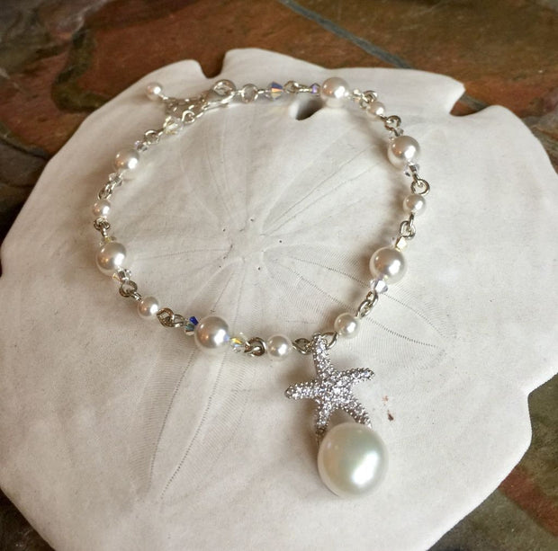 Starfish Charm Pearl Crystal Bracelet,Beach Starfish Necklace & Earrings, Starfish Ocean theme jewelry,Bridal Bracelet, Bridesmaid bracelet