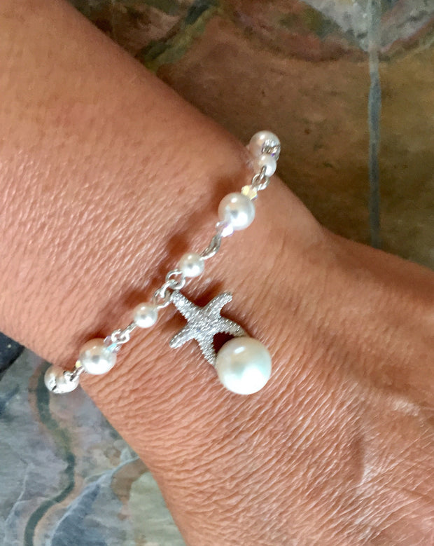 Starfish Charm Pearl Crystal Bracelet,Beach Starfish Necklace & Earrings, Starfish Ocean theme jewelry,Bridal Bracelet, Bridesmaid bracelet