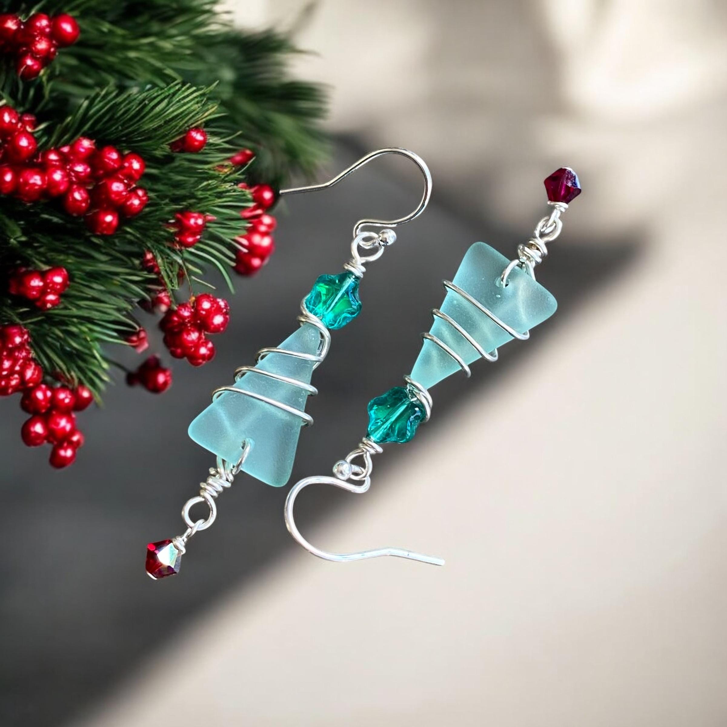 Christmas Tree Earrings, Sea Glass Christmas Dangle Earrings, Sterling Silver Holiday Christmas Earrings, Coastal Holiday Earrings