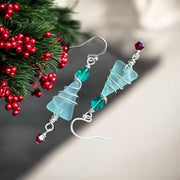 Christmas Tree Earrings, Seafoam Green Sea Glass Christmas Dangle Earrings,