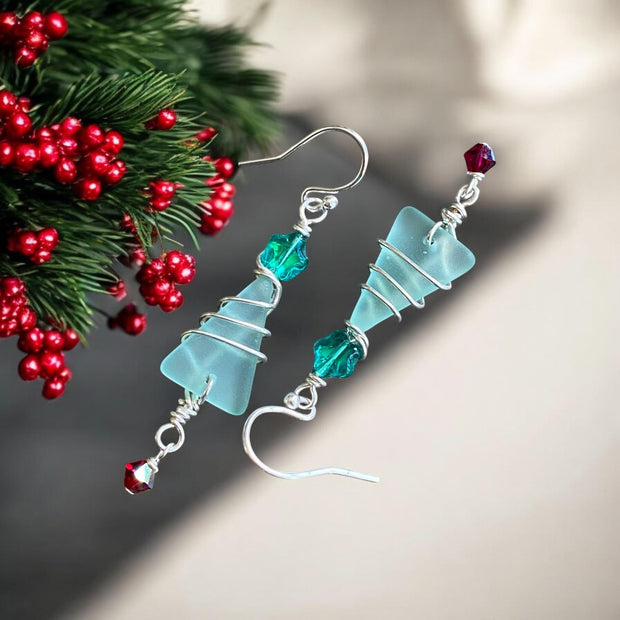 Christmas Tree Earrings, Seafoam Green Sea Glass Christmas Dangle Earrings,