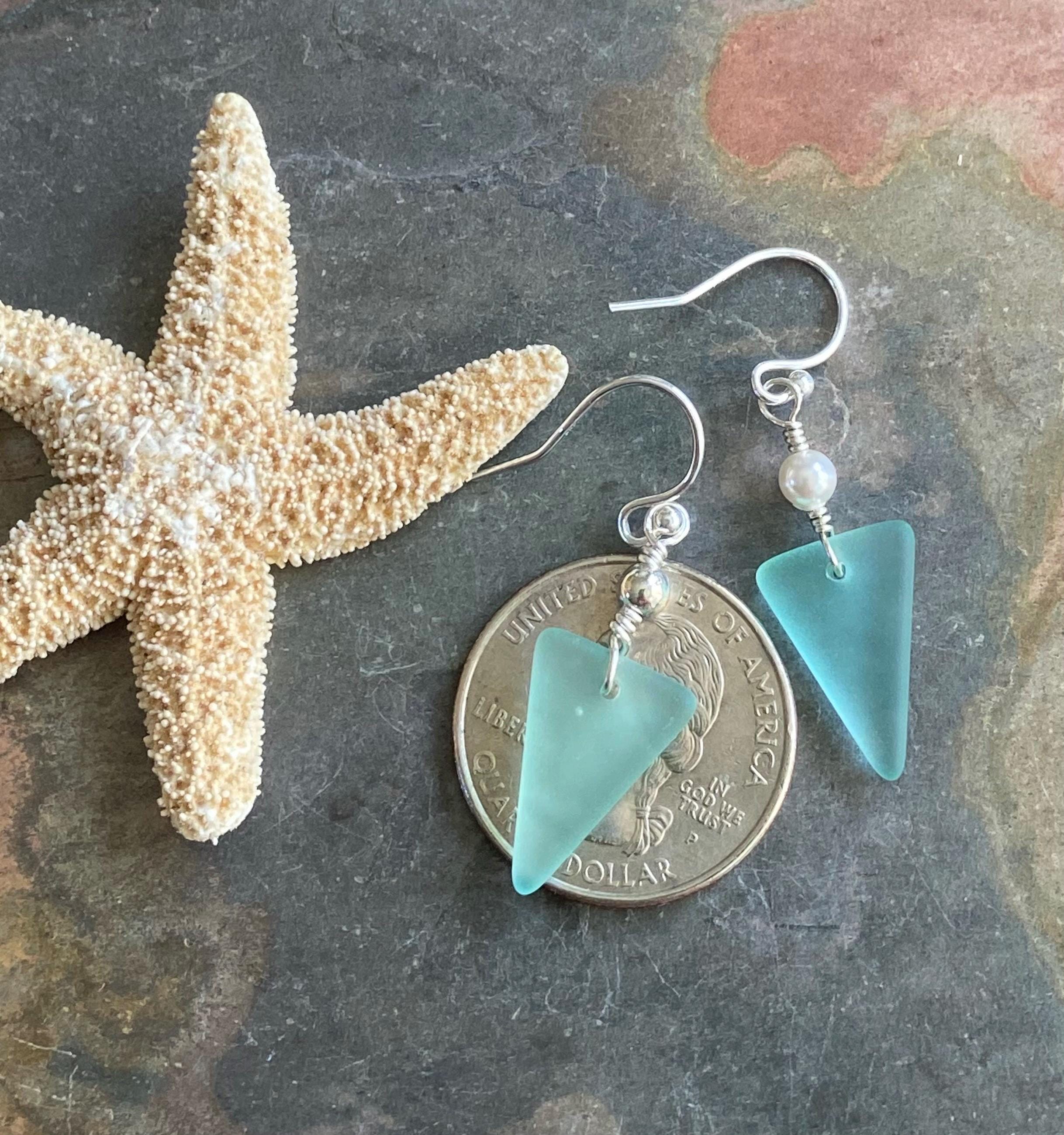 Seafoam Sea glass Triangle designed Earring in Sterling Silver, Wire Wrapped Sea Glass Earrings, Everyday Casual Dangling  Earrings,