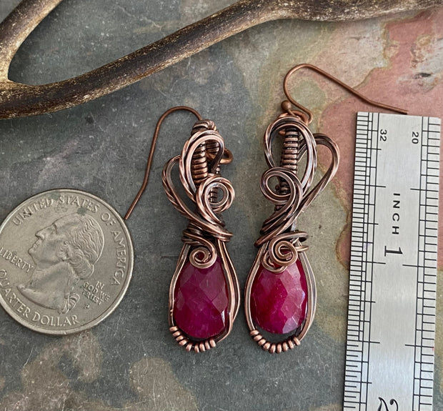 Ruby Copper Pendant Wire Wrapped Gemstone Necklace & Earrings Boho Style  Jewelry, Wire Design Natural Ruby Stone July Birthstone Gift Idea