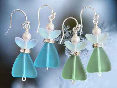Angel dangling earrings, Sea Glass Angel Guardian Earrings Sunny Sea Glass Jewelry