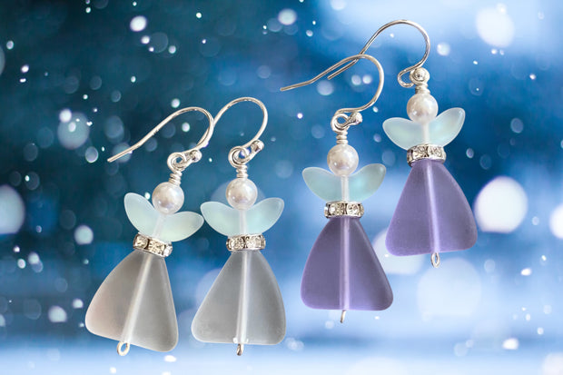 Angel dangling earrings, Sea Glass Angel Guardian Earrings