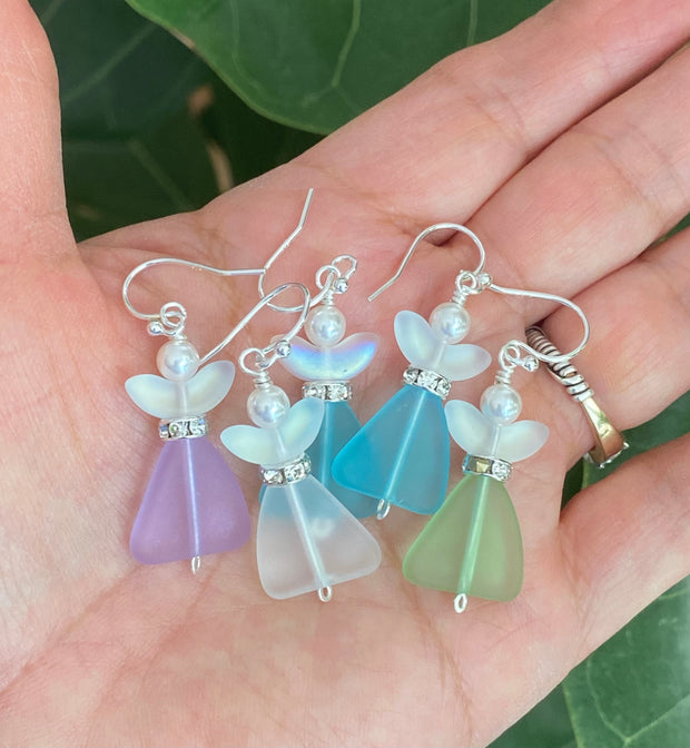 Angel dangling earrings, Sea Glass Angel Guardian Earrings