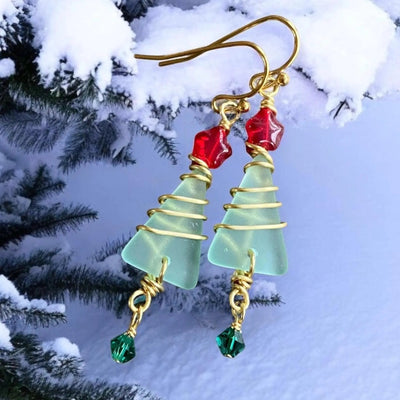 Christmas tree earrings with aqua sea glass beads and gold wire wrapping, festive holiday dangle design
