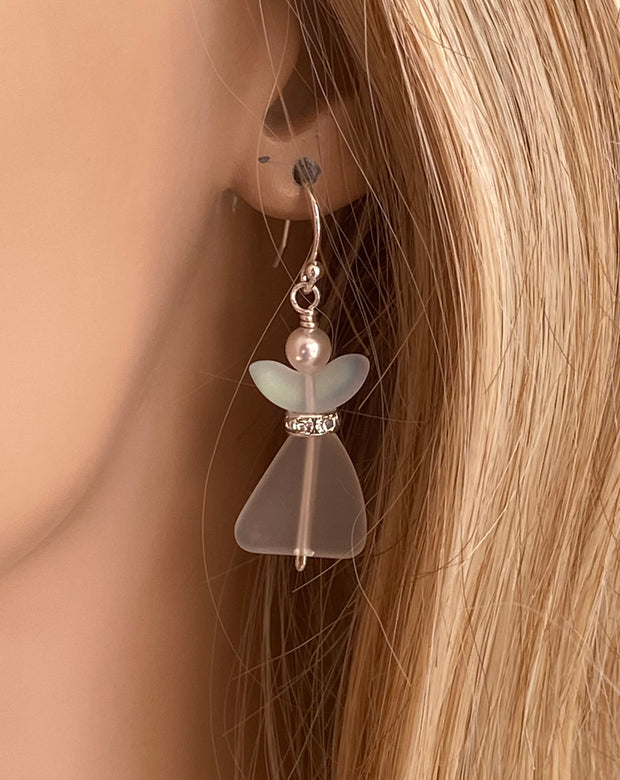 Angel dangling earrings, Sea Glass Angel Guardian Earrings