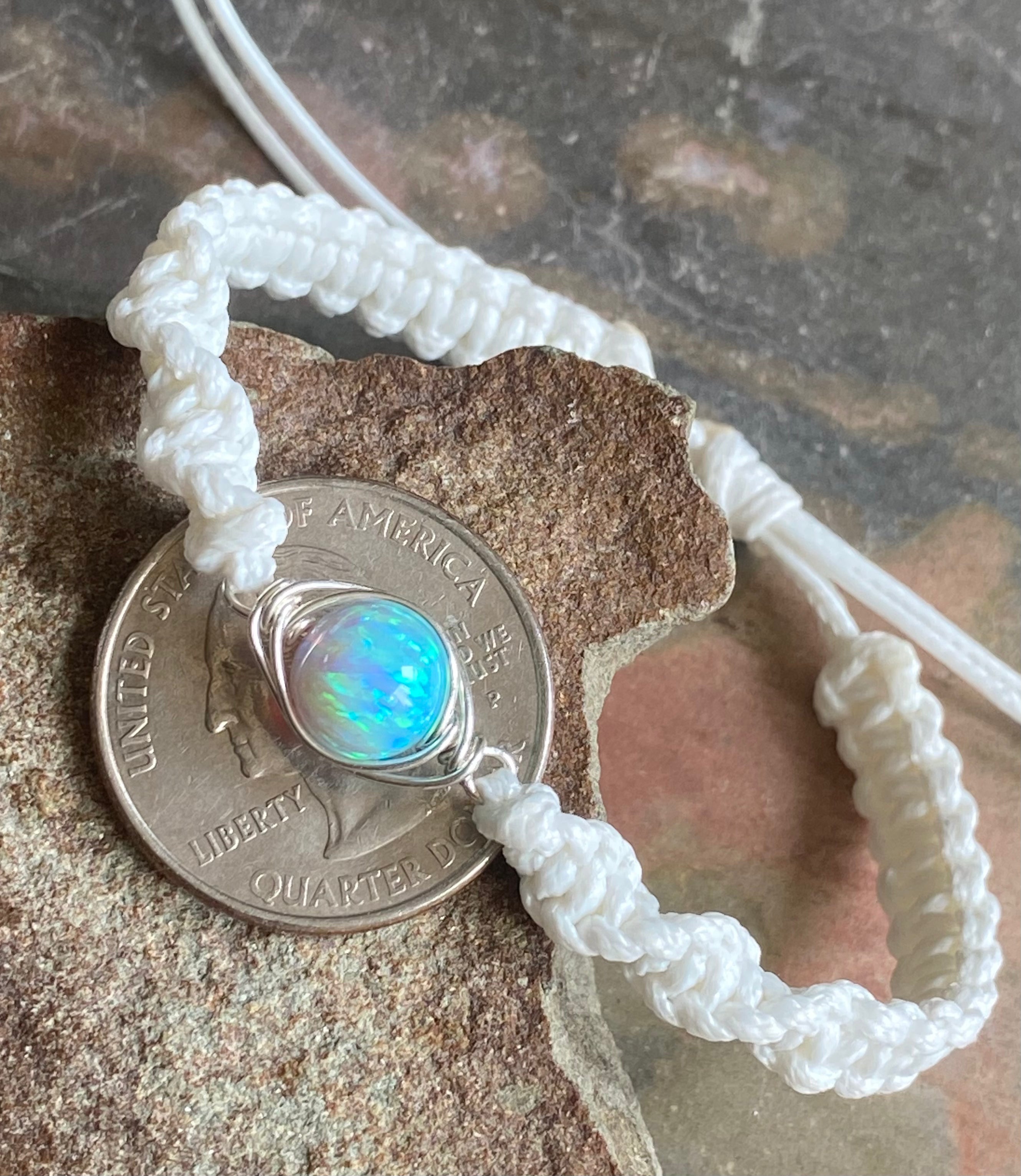 Wire Wrapped Opal macrame bracelet, White or Aqua Blue Opal Bracelet