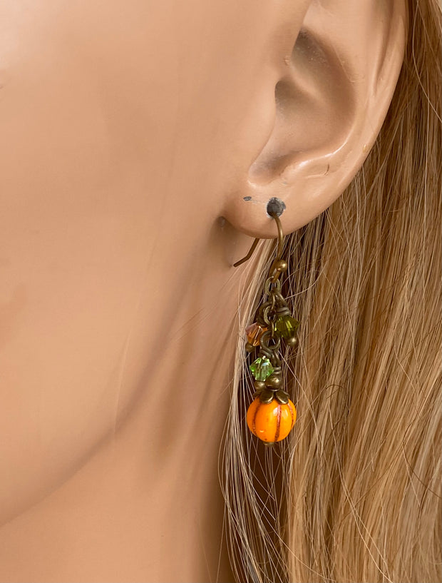 Autumn Dangle Earrings, Fall Accessory Maple Leaf Jewelry, Wire Wrapped Autumn Earrings,  Pumpkin Charm Thanksgiving Accessories,