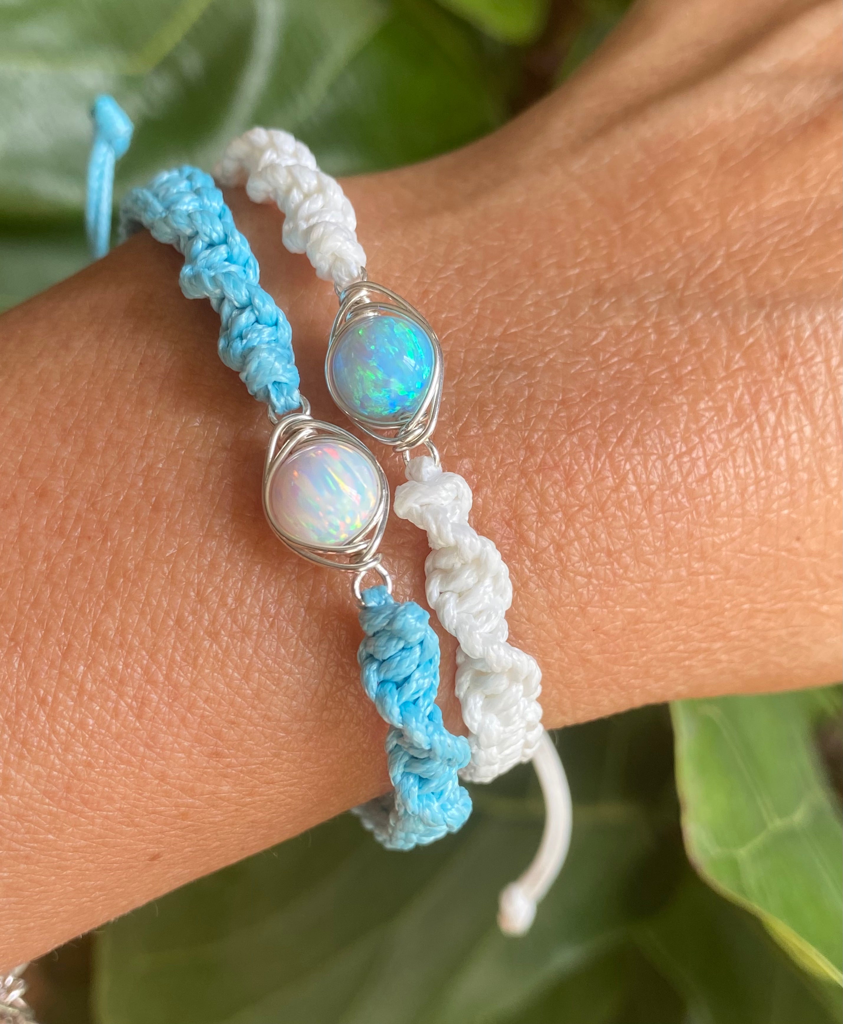 Wire Wrapped Opal macrame bracelet, White or Aqua Blue Opal Bracelet