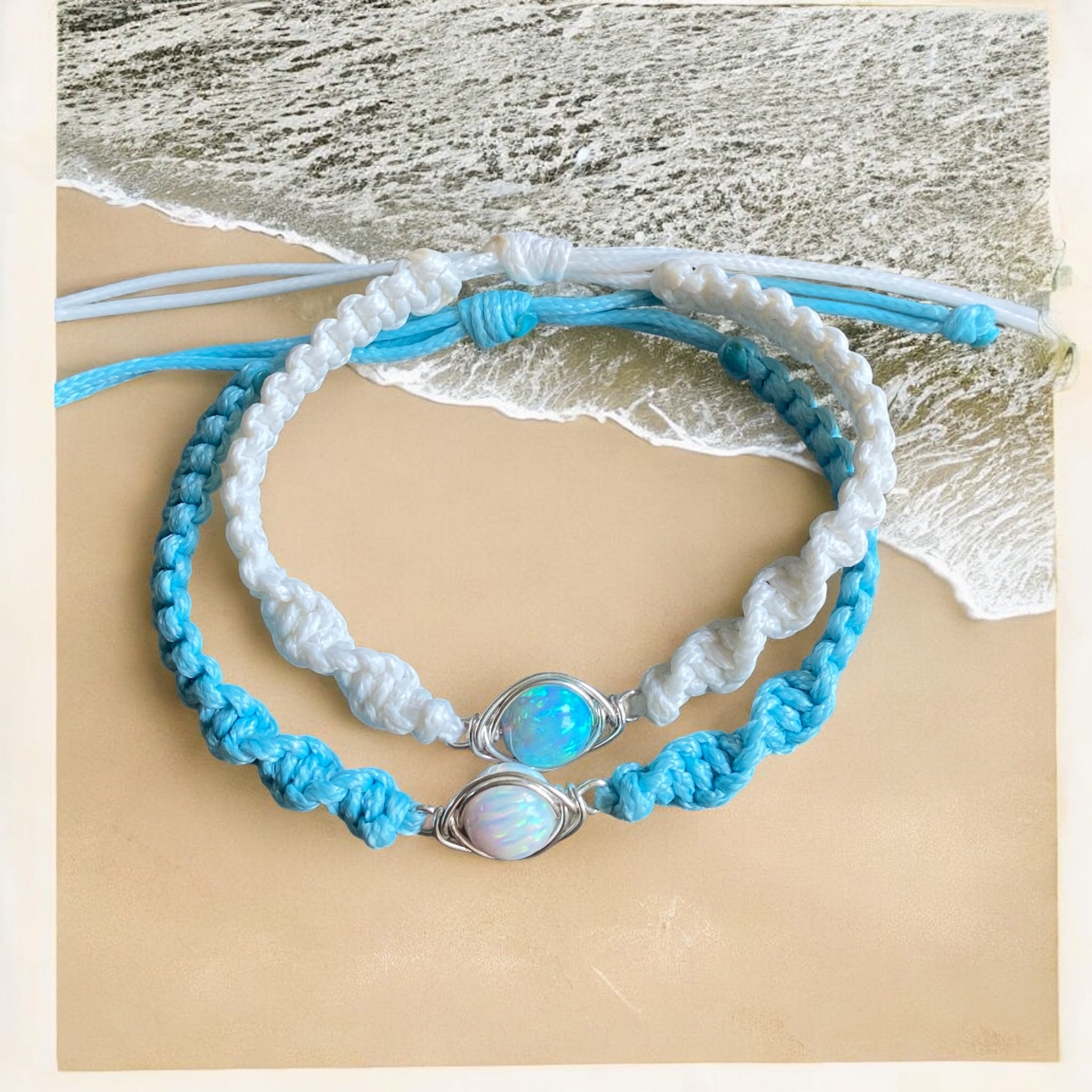 Wire Wrapped Opal macrame bracelet, White or Aqua Blue Opal Bracelet