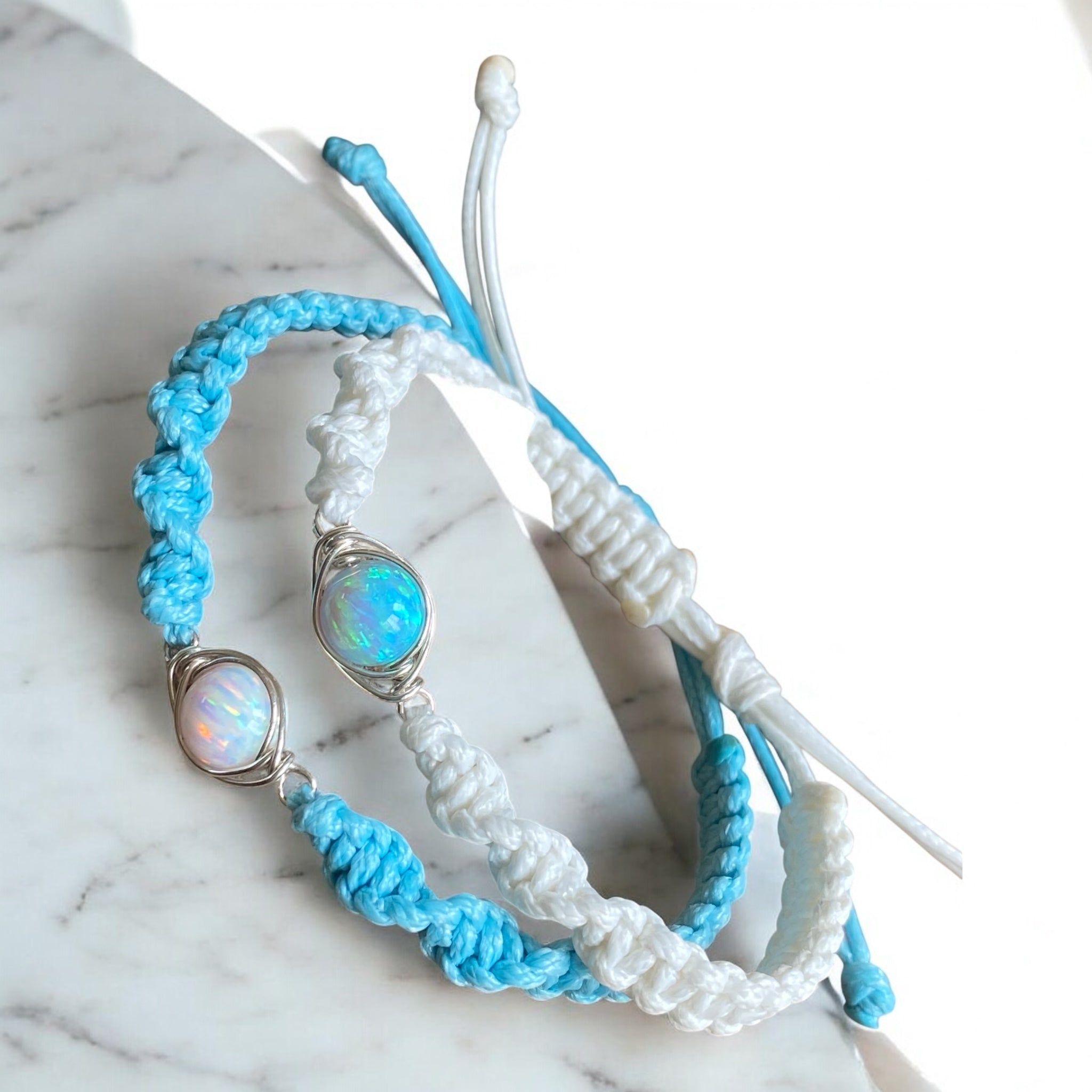 Wire Wrapped Opal macrame bracelet, White or Aqua Blue Opal Bracelet