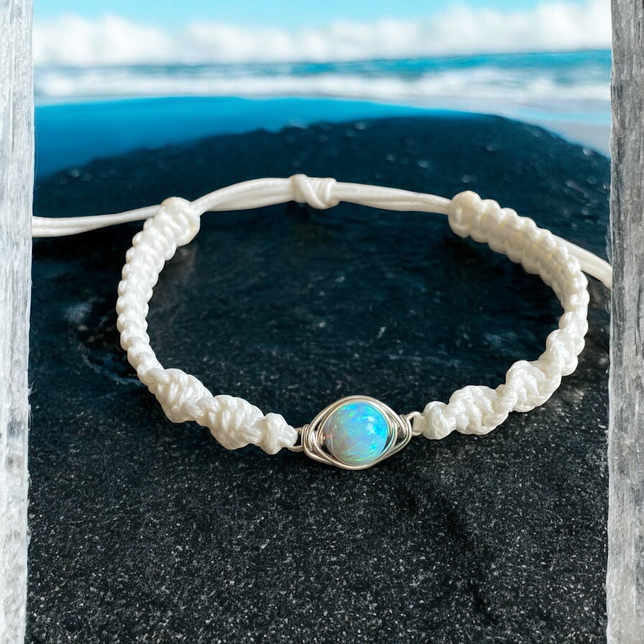 Wire Wrapped Opal macrame bracelet, White or Aqua Blue Opal Bracelet