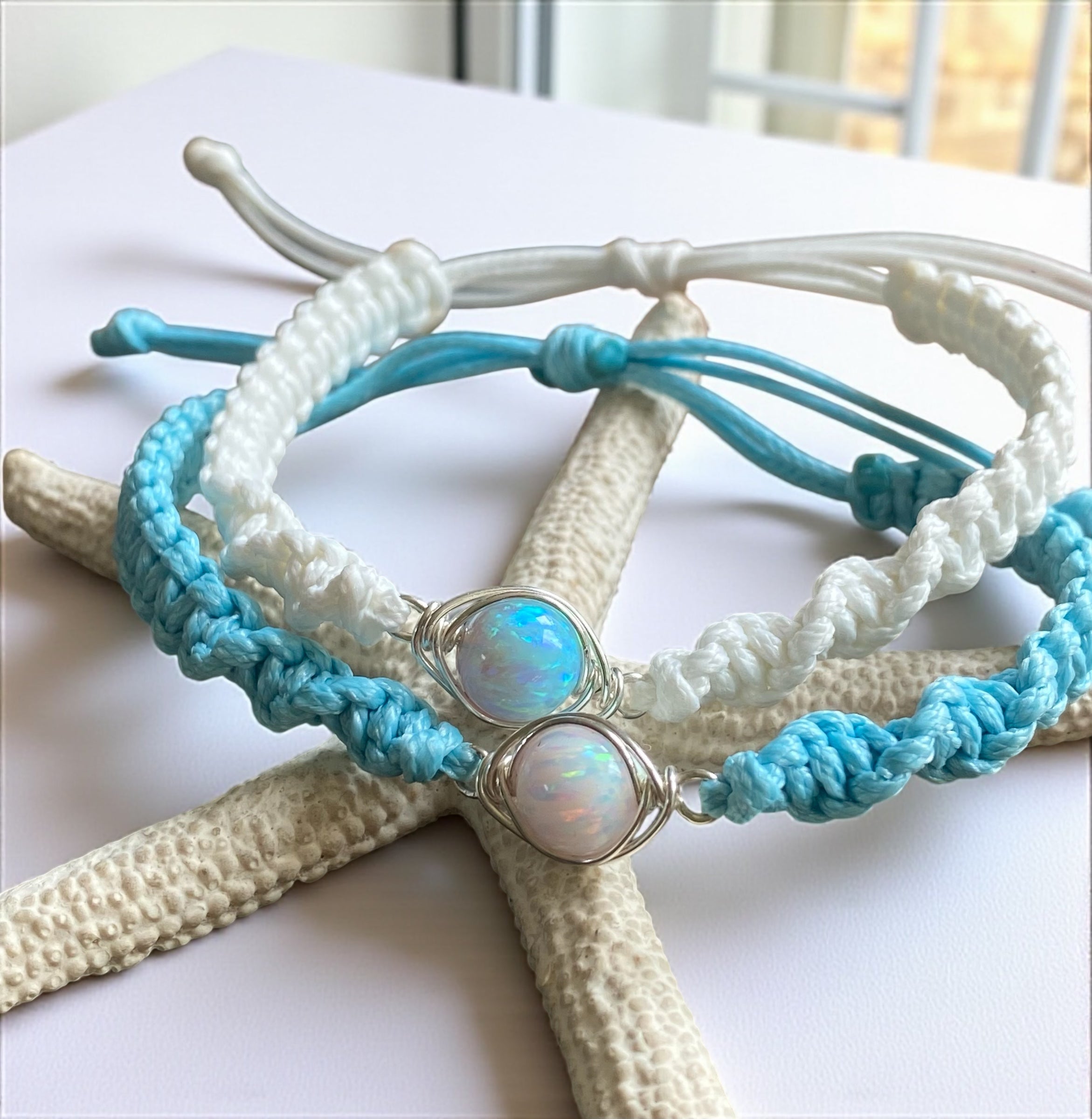 Wire Wrapped Opal macrame bracelet, White or Aqua Blue Opal Bracelet