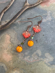 Autumn Dangle Earrings, Fall Accessory Maple Leaf Jewelry, Wire Wrapped Autumn Earrings,  Pumpkin Charm Thanksgiving Accessories,