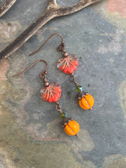 Autumn Dangle Earrings, Fall Accessory Maple Leaf Jewelry, Wire Wrapped Autumn Earrings,  Pumpkin Charm Thanksgiving Accessories,