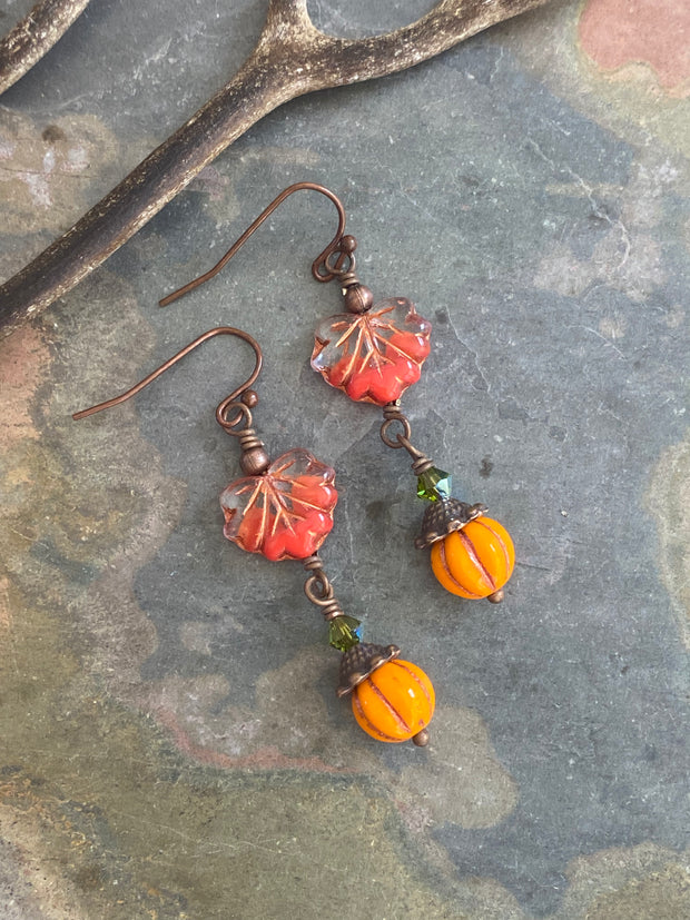 Autumn Dangle Earrings, Fall Accessory Maple Leaf Jewelry, Wire Wrapped Autumn Earrings,  Pumpkin Charm Thanksgiving Accessories,
