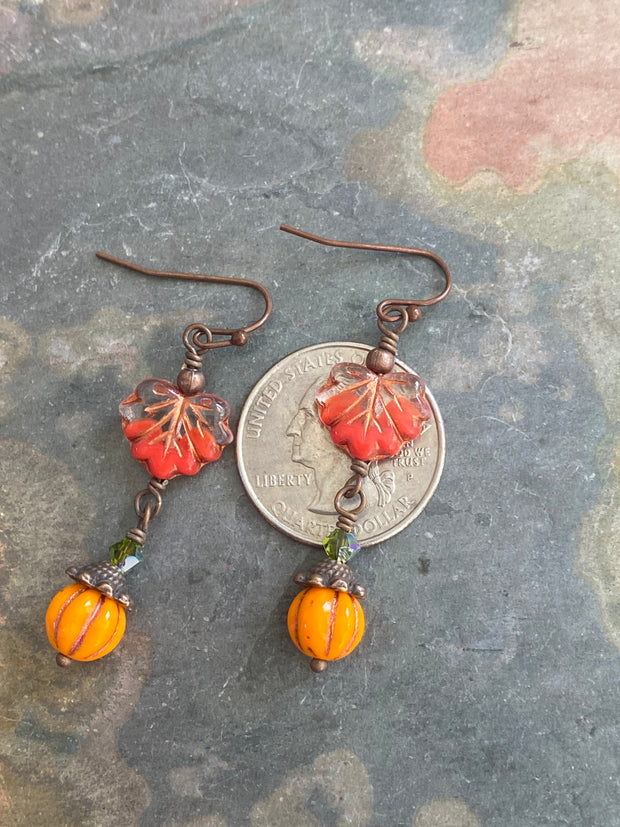 Autumn Dangle Earrings, Fall Accessory Maple Leaf Jewelry, Wire Wrapped Autumn Earrings,  Pumpkin Charm Thanksgiving Accessories,