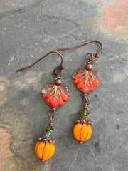 Autumn Dangle Earrings, Fall Accessory Maple Leaf Jewelry, Wire Wrapped Autumn Earrings,  Pumpkin Charm Thanksgiving Accessories,