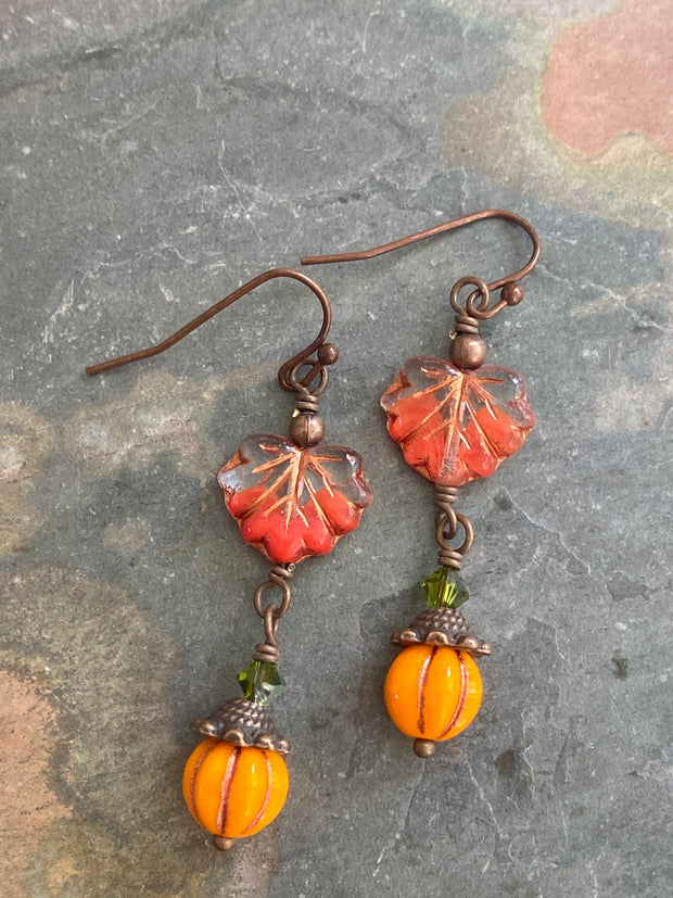 Autumn Dangle Earrings, Fall Accessory Maple Leaf Jewelry, Wire Wrapped Autumn Earrings,  Pumpkin Charm Thanksgiving Accessories,