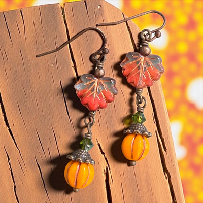 Autumn Dangle Earrings, Fall Accessory Maple Leaf Jewelry, Wire Wrapped Autumn Earrings,  Pumpkin Charm Thanksgiving Accessories,