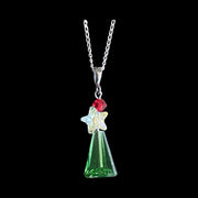 Christmas Tree Necklace, Crystal Pendant Sterling Silver Holiday Jewelry, Christmas Gift Festive Accessor, Sparkly Green Crystal Tree Design